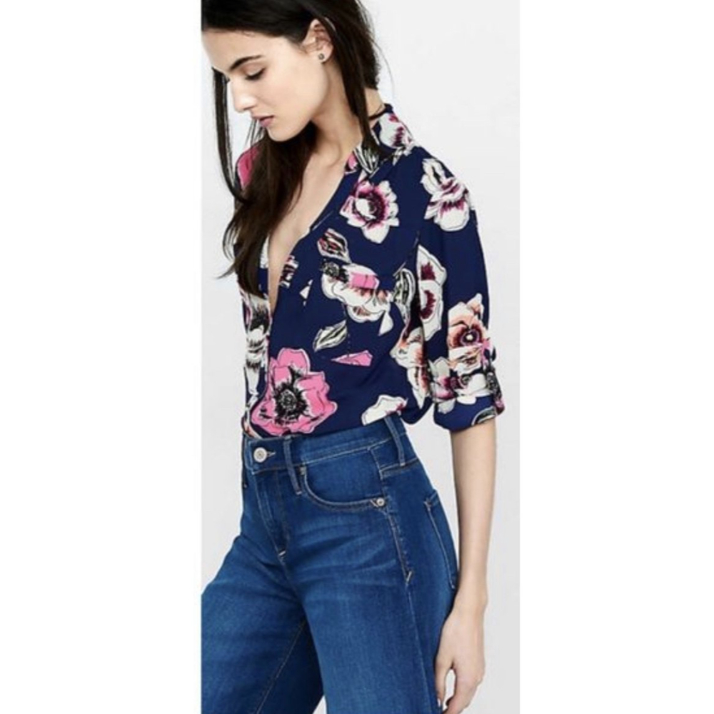 EXPRESS Navy Floral Long Sleeve Blouse